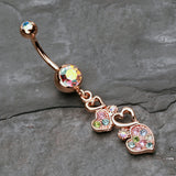 Detail View 2 of Rose Gold Sparkling Heart Cluster Belly Button Ring-Aurora Borealis
