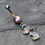 Detail View 2 of Rainbow Sparkling Heart Cluster Belly Button Ring-Rainbow/Aurora Borealis