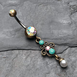 Detail View 2 of Vintage Boho Elegant Jeweled Pearl Belly Button Ring-Brass/Aurora Borealis/Turquoise