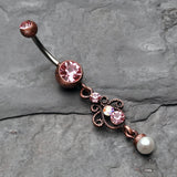 Detail View 2 of Vintage Boho Elegant Jeweled Pearl Belly Button Ring-Copper/Pink