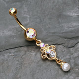 Detail View 2 of Golden Elegant Jeweled Pearl Dangle Belly Button Ring-Aurora Borealis