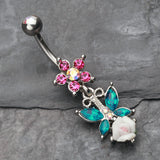 Detail View 2 of Butterfly Flower Sparkle Belly Button Ring-Aurora Borealis