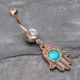 Detail View 2 of Rose Gold Vintage Turquoise Hamsa Belly Button Ring-Clear Gem