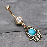 Detail View 2 of Golden Vintage Turquoise Hamsa Belly Button Ring-Clear Gem