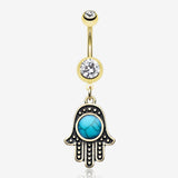 Golden Vintage Turquoise Hamsa Belly Button Ring