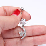Detail View 3 of Glistening Moon and Star Sparkle Belly Button Ring-Clear Gem
