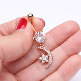 Detail View 3 of Rose Gold Shining Star & Moon Belly Button Ring-Clear Gem