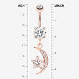 Detail View 1 of Rose Gold Shining Star & Moon Belly Button Ring-Clear Gem