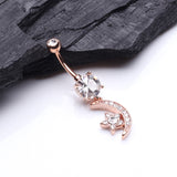 Detail View 2 of Rose Gold Shining Star & Moon Belly Button Ring-Clear Gem