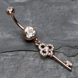 Detail View 2 of Rose Gold Victorian Skeleton Key Sparkle Belly Button Ring-Clear Gem