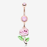Rose Gold Vintage Pink Rose Flower Sparkle Belly Button Ring-Rose Quartz