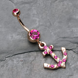 Detail View 2 of Rose Gold Anchor Gem Sparkle Belly Button Ring-Fuchsia/Aurora Borealis
