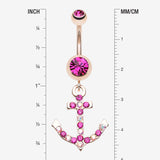 Detail View 1 of Rose Gold Anchor Gem Sparkle Belly Button Ring-Fuchsia/Aurora Borealis