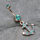 Detail View 2 of Rose Gold Anchor Gem Sparkle Belly Button Ring-Teal/Tanzanite