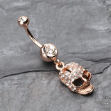 Detail View 2 of Rose Gold Skull Fury Belly Button Ring-Clear Gem