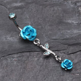 Detail View 2 of Bright Metal Rose Vine Dangle Belly Ring-Aqua