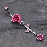 Detail View 2 of Bright Metal Rose Vine Dangle Belly Ring-Light Pink