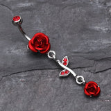 Detail View 2 of Bright Metal Rose Vine Dangle Belly Ring-Red