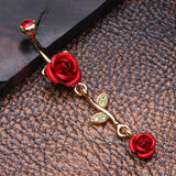Detail View 2 of Golden Bright Metal Rose Belly Button Ring-Red