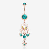 Rose Gold Sparkle Multi Heart Belly Button Ring-Teal