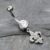 Detail View 2 of Royal Fleur De Lis Multi-Gem Sparkle Dangle Belly Button Ring-Clear Gem