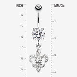 Detail View 1 of Royal Fleur De Lis Multi-Gem Sparkle Dangle Belly Button Ring-Clear Gem