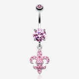 Royal Fleur De Lis Multi-Gem Sparkle Dangle Belly Button Ring-Light Pink