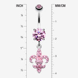 Detail View 1 of Royal Fleur De Lis Multi-Gem Sparkle Dangle Belly Button Ring-Light Pink