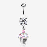 Cupcake Delight Multi-Gem Sparkle Dangle Belly Button Ring-Clear Gem/Rainbow