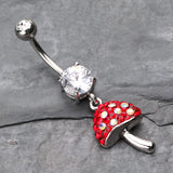 Detail View 2 of Exotic Mushroom Multi-Gem Sparkle Dangle Belly Button Ring-Clear Gem/Red