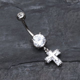 Detail View 2 of Cross on Cross Sparkle Belly Ring-Clear Gem