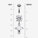 Detail View 1 of Cross on Cross Sparkle Belly Ring-Clear Gem