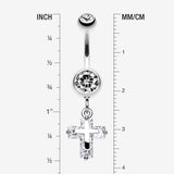 Detail View 1 of Dainty Cross Sparkle Belly Button Ring-Clear Gem