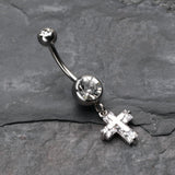 Detail View 2 of Dainty Cross Sparkle Belly Button Ring-Clear Gem