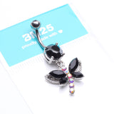 Detail View 4 of Dragonfly Glam Belly Ring-Black/Aurora Borealis