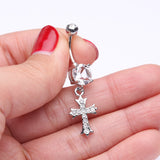 Detail View 3 of Cross Sparkle Dangle Belly Button Ring-Clear Gem
