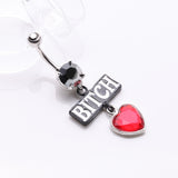 Detail View 2 of Bitch Heart Sparkle Dangle Belly Button Ring-Hematite/Red