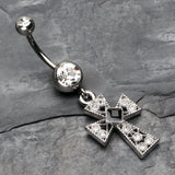 Detail View 2 of Iron Cross Diamante Sparkle Belly Button Ring-Clear Gem/Black