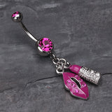 Detail View 2 of Glamourous Lip and Lipstick Belly Ring-Fuchsia