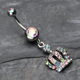 Detail View 2 of Dazzling Royal Crown Belly Ring-Aurora Borealis/Rainbow