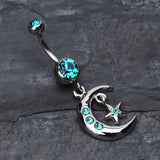 Detail View 2 of Glistening Moon and Star Belly Button Ring-Teal