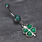 Detail View 2 of Lucky Four Leaf Clover Dangle Belly Ring-Dark Green
