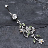 Detail View 2 of Romantic Vines with Flowers Belly Button Rings-Clear Gem