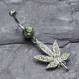 Detail View 2 of Cannibis Pot Leaf Multi-Gem Belly Button Ring-Light Green