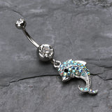 Detail View 2 of Sweet Sparkle Dolphin Belly Button Ring-Clear Gem/Aqua/Aurora Borealis