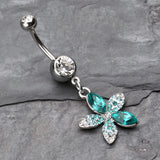 Detail View 2 of Radiant Spring Beauty Flower Belly Button Ring-Clear Gem/Teal