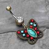 Detail View 2 of Vintage Boho Butterfly Fliligree Belly Button Ring-Brass/Clear/Turquoise