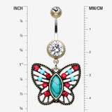 Detail View 1 of Vintage Boho Butterfly Fliligree Belly Button Ring-Brass/Clear/Turquoise