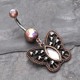 Detail View 2 of Vintage Boho Butterfly Fliligree Belly Button Ring-Copper/Aurora Borealis/Hematite