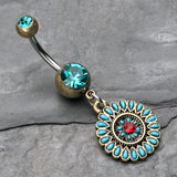 Detail View 2 of Vintage Boho Sahasrara Chakra Belly Button Ring-Brass/Teal/Red